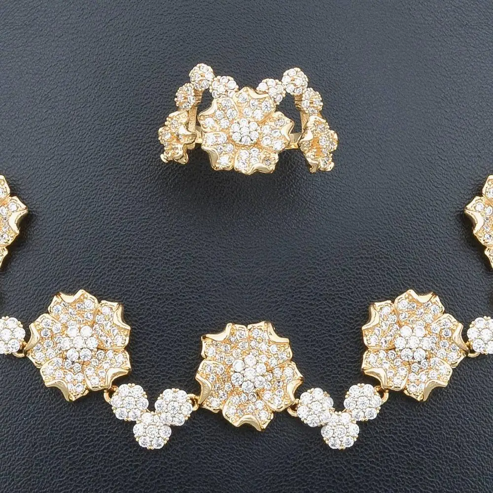 

ModemAngel Delicate Flower Cubic Zironium Gold Color Necklace Bracelet Earring Ring Set For Women Wedding Engagement Gift