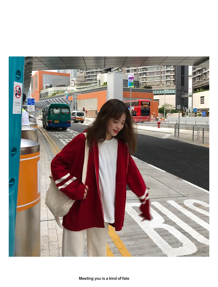 Woherb Harajuku Knitted Cardigan Women Korean Style Modis Striped Print Hooded Sweater Coat Girls Casual Runway Sweaters