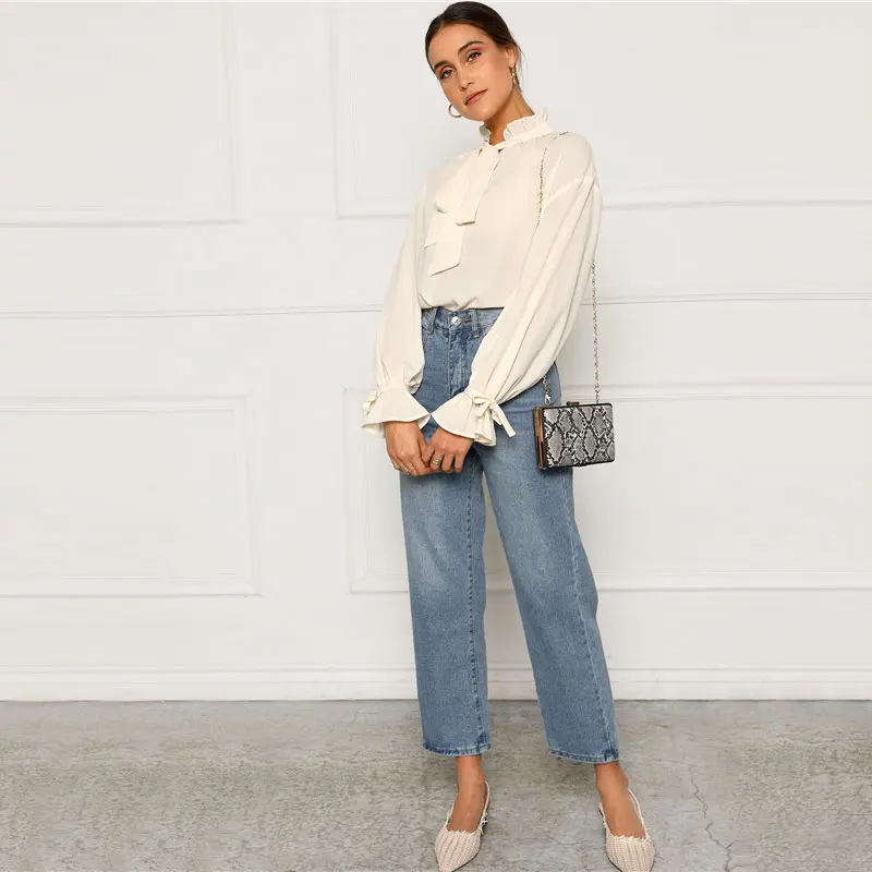 SHEIN Топ С Оригинальным Рукавом И Бантом Элегантная Офисная Блузка С Длинным Рукавом