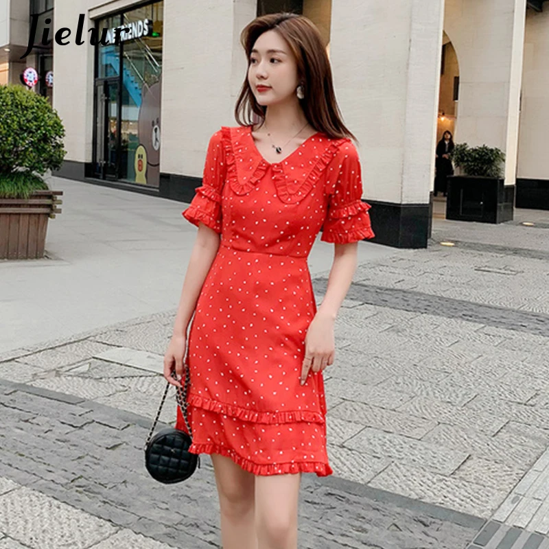 Jielur Summer Dress Women New Elegant Slim Casual Printed Peter Pan Collar Ruffles Flare Dresses Korean Style Vintage Sukienki | Женская