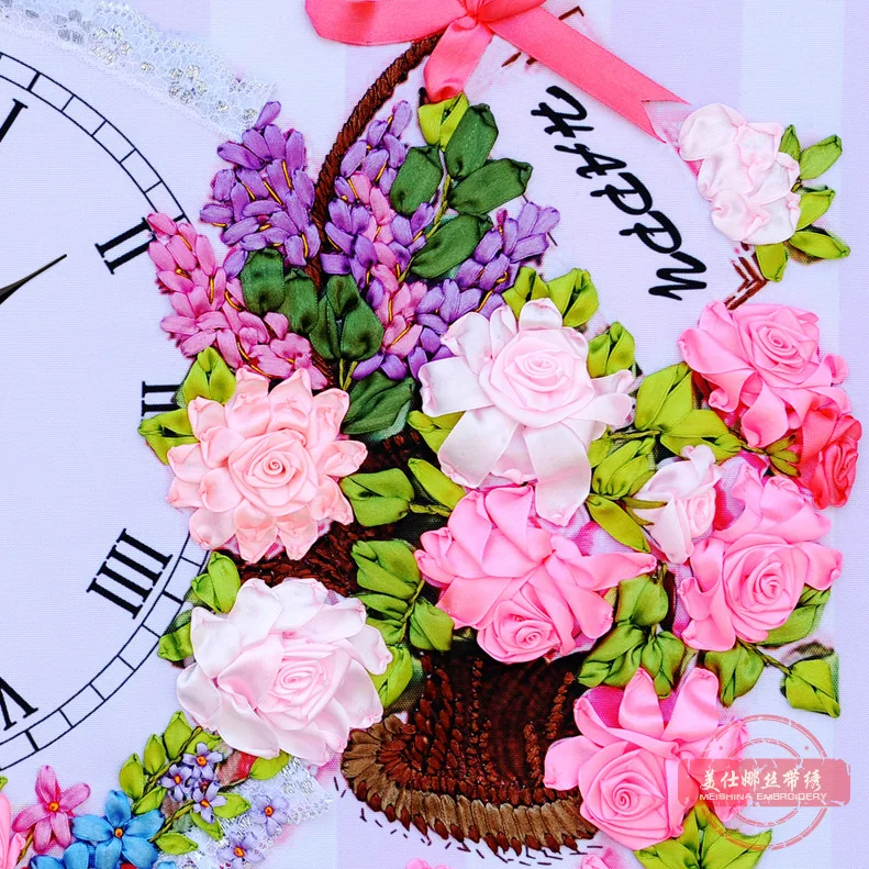 Лента вышивка diy Рисование на холсте часы пасторальные цветочные корзины