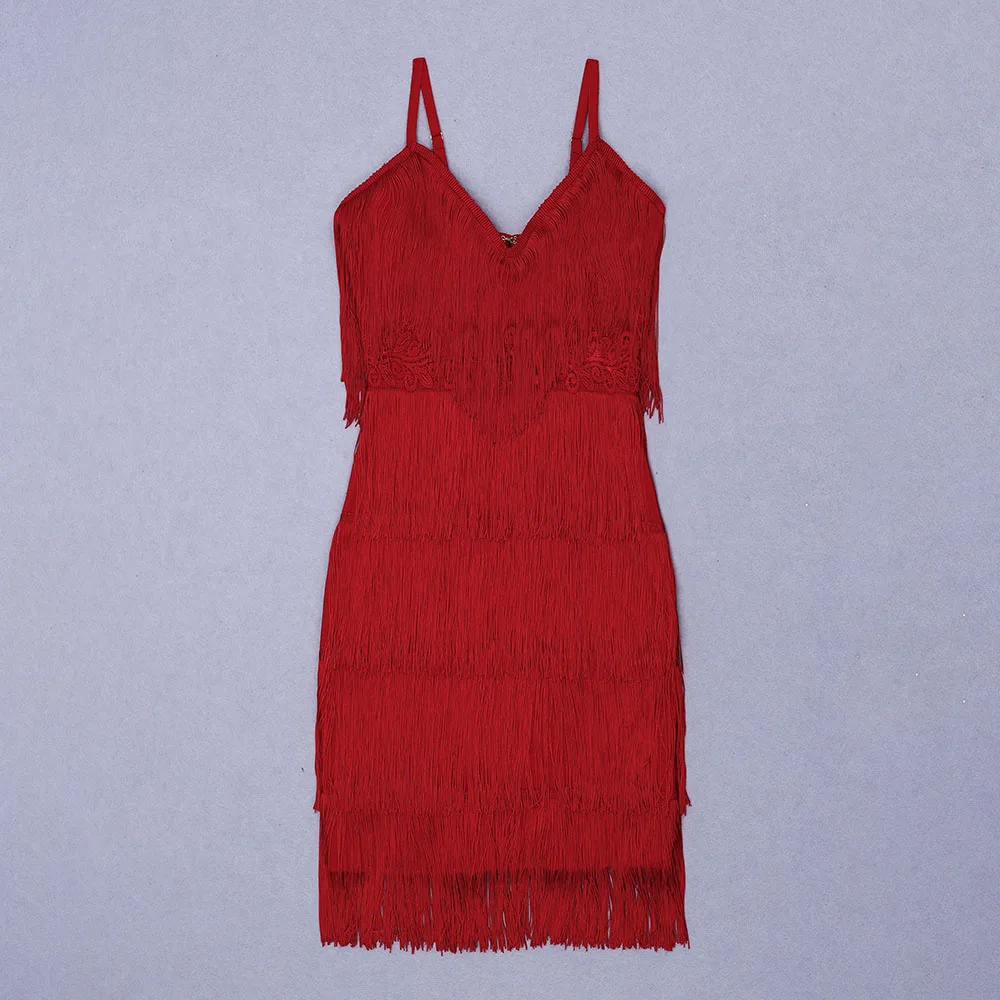 

2019 New Women black red tassel v neck spaghetti strap Vestidos dress Bodycon Celebrity evening Party Dress dropshipping