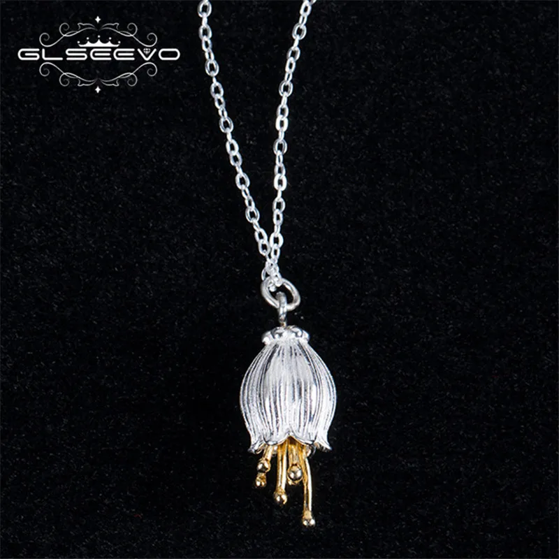 GLSEEVO 925 Sterling Silver Flower Pendant Necklace Personality Bellflower Female Handmade Fine Jewelry Sieraden GN0038 | Украшения и