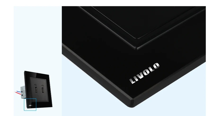 Livolo Британский Стандартный две банды USB разъем Socket/розетка, черного цвета с украшением в виде кристаллов Стекло Панель, VL-W292USB-11/12/13