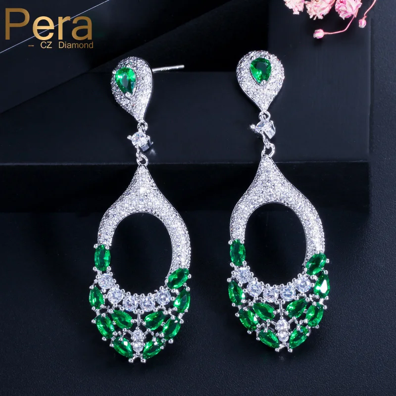 Роскошные серебряные серьги Pera с длинной подвеской большие зеленые кубическим