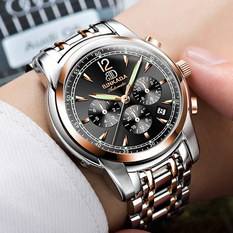 

Men's Sports Military Wrist Watch Luxury Brand BINKADA Automatic Mechanical Business Male Steel Strap Watches relogio masculino