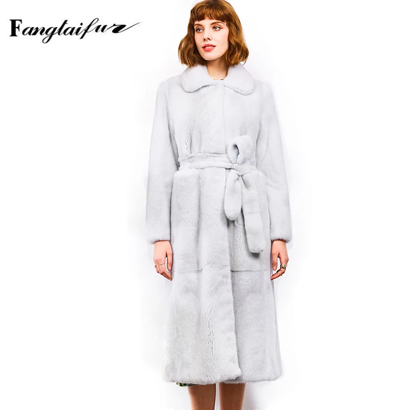 

Ftangaiur Winter Women Jacket Import Velvet Mink Fur Coat Turn-Down Collar Pure Color Women's X-Long Real Mink Fur Coats