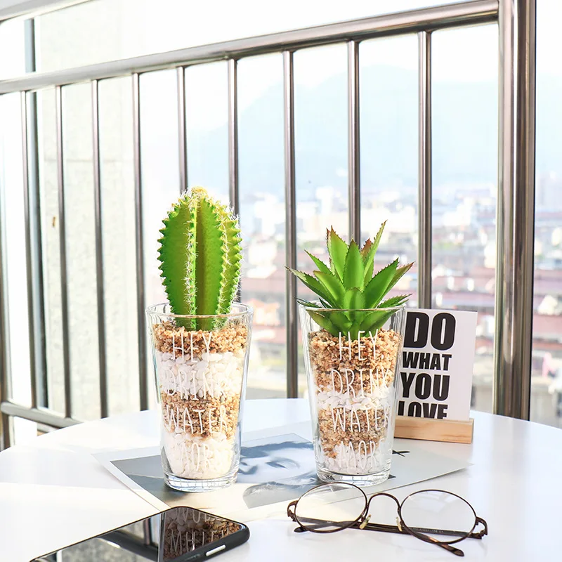 Стеклянная ваза кактус бонсай в скандинавском стиле с ПВХ зеленым растением