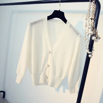 white Cakucool, корейский стиль, v-образный вырез, однобортный Кардиган, женский, тонкий, Повседневный, золотой, блестящий, люрекс, базовый, вязаный, пальто, свитер, Casaco, женский, 6 цветов - Цвет: white