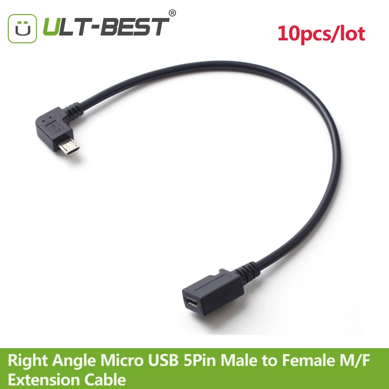 

ULT-Best 10pcs/lot 90 Degree Right Angle Micro USB 5Pin Male to Female M/F Extension Cable data sync Extender cabo Cord 28CM