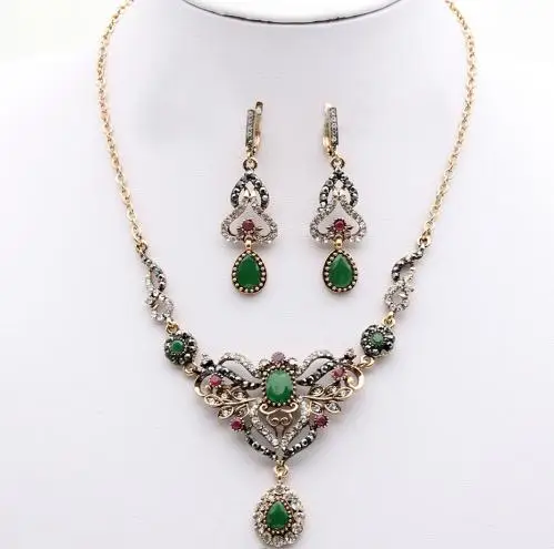 1727GREEN Турецкие женские серьги, ожерелье, ювелирный набор, смоляные стразы, висячие серьги принцессы, цветок, свадебное ожерелье, ретро золотая пластина - Окраска металла: 1727GREEN