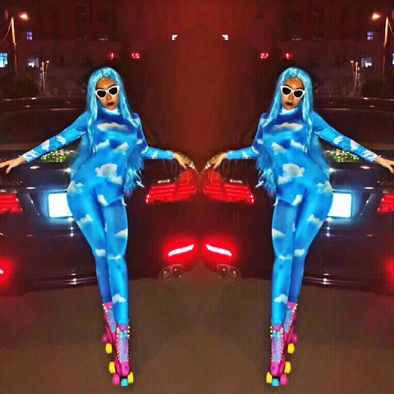 Синий Облегающий костюм с принтом Zentai боди сексуальный для леди вечерние Gogo DS Club