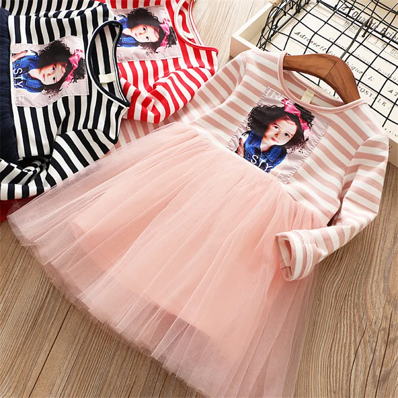 

Высококачественное платье для девочек, осень 2018, повседневная одежда для девочек с мультяшным принтом и бантом, праздничное платье, платье ...