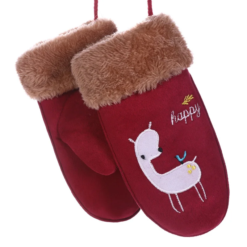 Детский милый медведь из мультфильма, замшевые кожаные перчатки-митенки для мальчиков и девочек, зимние плюшевые толстые теплые спортивные перчатки с принтом овец, 102AB - Цвет: B Wine Red