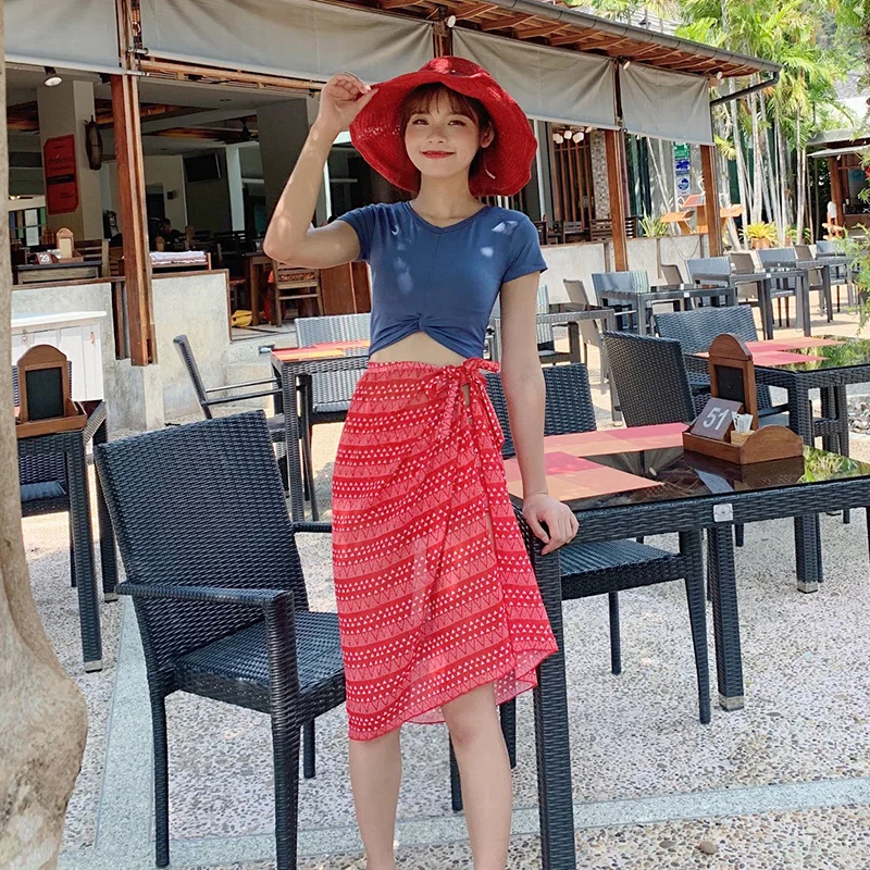 Сексуальный красный купальник 2019 новый короткий рукав сплошной бикини с высокой