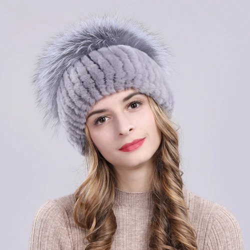 color 14 Outdoor Women Warm Soft Genuine Rex Rabbit Fur Hat Knitted Natural Real Sliver Fox Fur Caps Winter Real Rabbit Fur Beanies Hats - Цвет: color 14