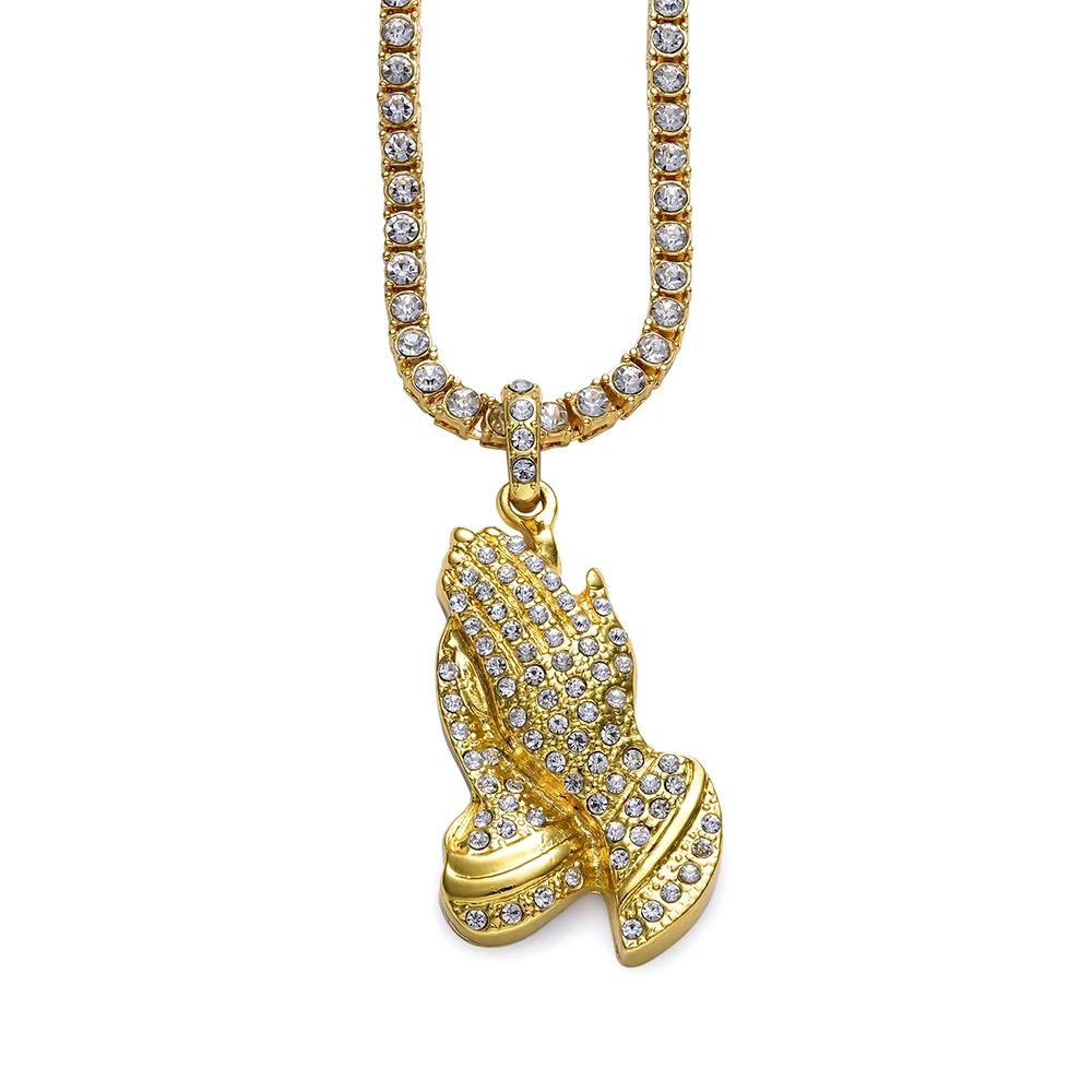 Хип-хоп ювелирные изделия Подарки Золотой Bling 1Row камень горный хрусталь Иисуса ожерелья, подвески женские мужские Молящиеся руки Будды цепи