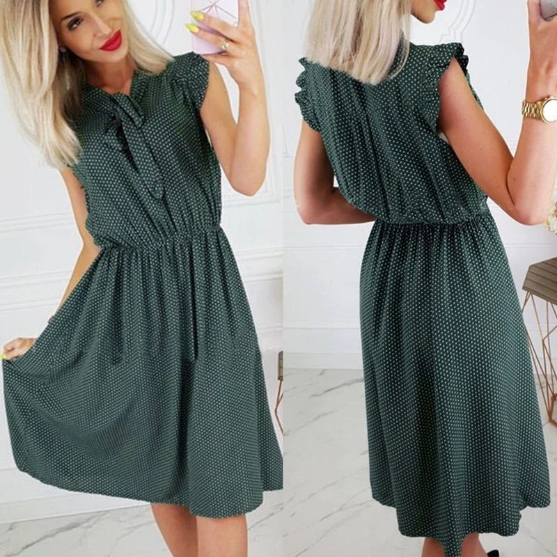 AvoDovA Bohemian Summer Women Dot Chiffon Dresses Fashion Sleeveless O Neck Ruffles Female Dress | Женская одежда