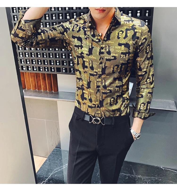 Camisa Social, приталенные, серебристые, золотые, с принтом, рубашки, Camisa MasculinaRopa De Hombre, повседневные рубашки, мужские Клубные рубашки, дизайнерские