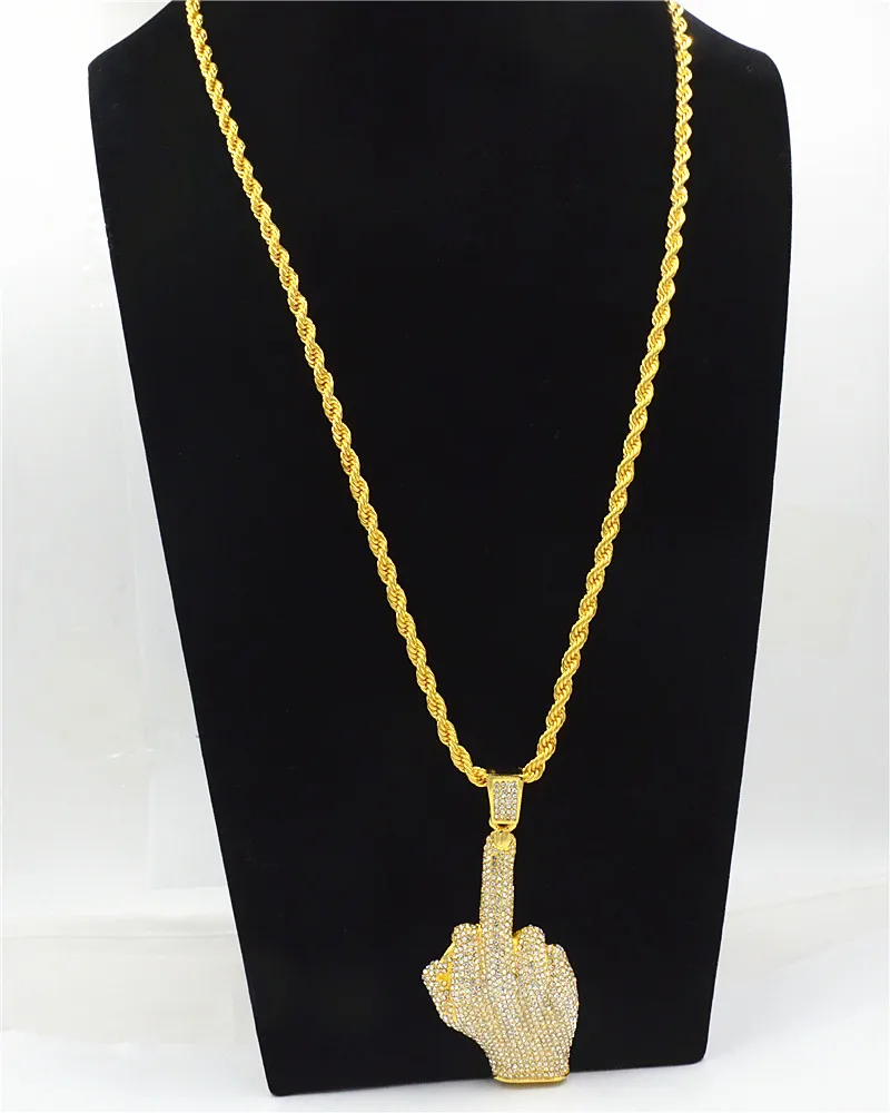 Hip Hop Men Gold Silver Color Full Rhinestone Big Middle Finger Pendants Necklaces With chain Jewelry | Украшения и аксессуары