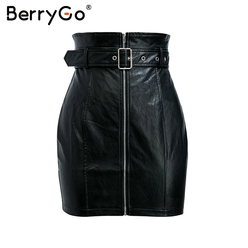Черный Berrygo/пикантные облегающие мини-юбки из искусственной кожи женские летние юбки на молнии с высокой талией осенние зимние черные юбки женские нижние - Цвет: Черный