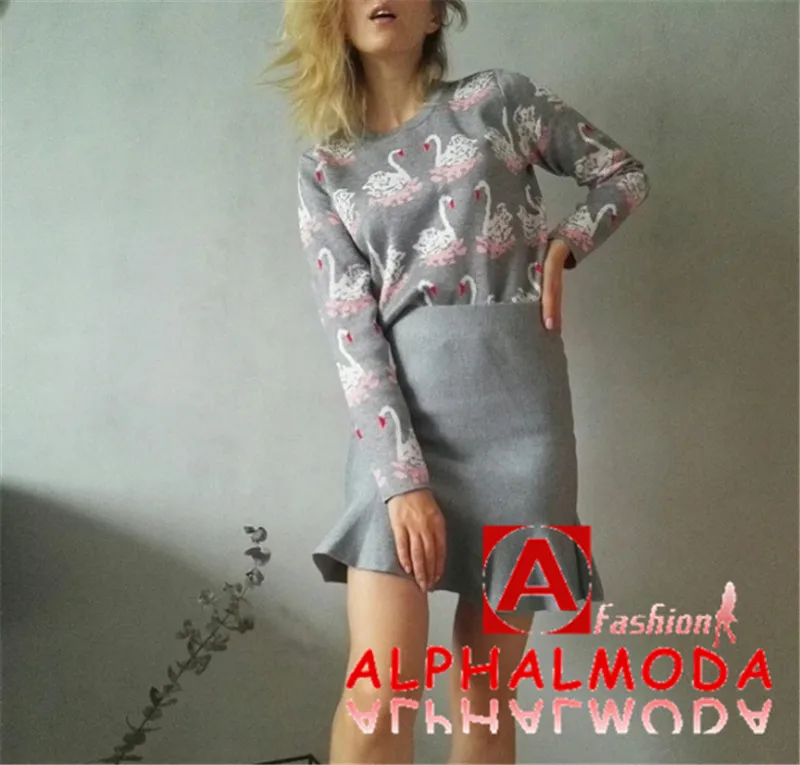 [ALPHALMODA] зимний женский вязаный свитер с узором и юбки, комплект из 2 предметов, фирменный дизайн, популярный узор, комплекты одежды