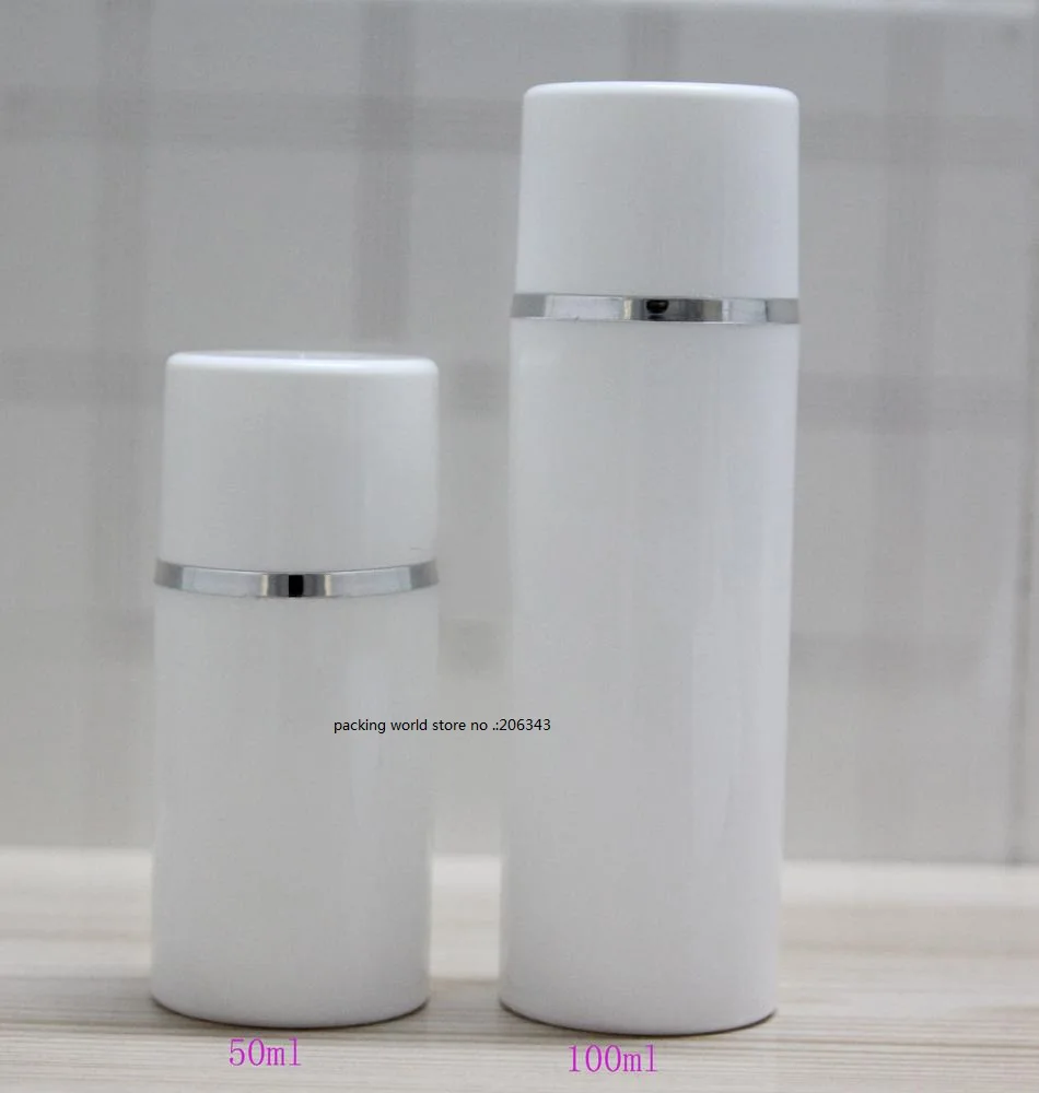 Белая пластиковая безвоздушная бутылка 100 мл с серебряной линией для