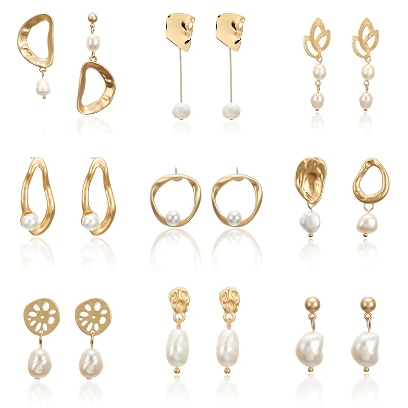

F35 Vintage Irregular Freshwater Pearl Dangle Earrings For Women Brincos Geometric Drop Earring DIY Wedding Party Jewelry Gift