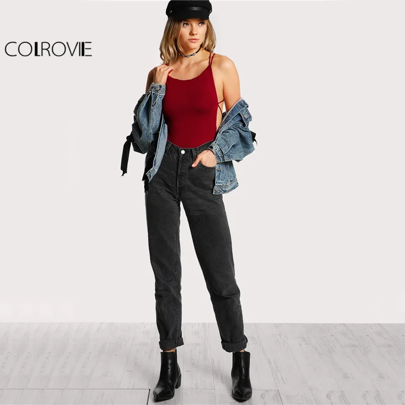 COLROVIE Strappy с открытой спиной сексуальный клубный костюм для женщин Тощий Крест сзади летний Боди бордовый без рукавов основной боди