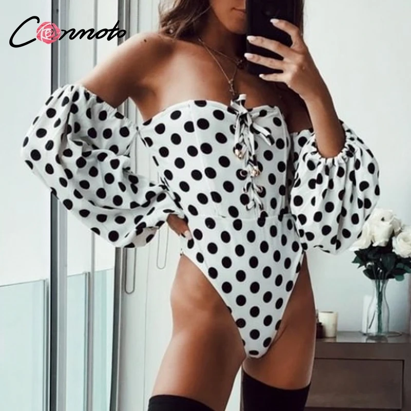 Женский боди Conmoto с открытыми плечами в горошек на лето 2019 | Женская одежда