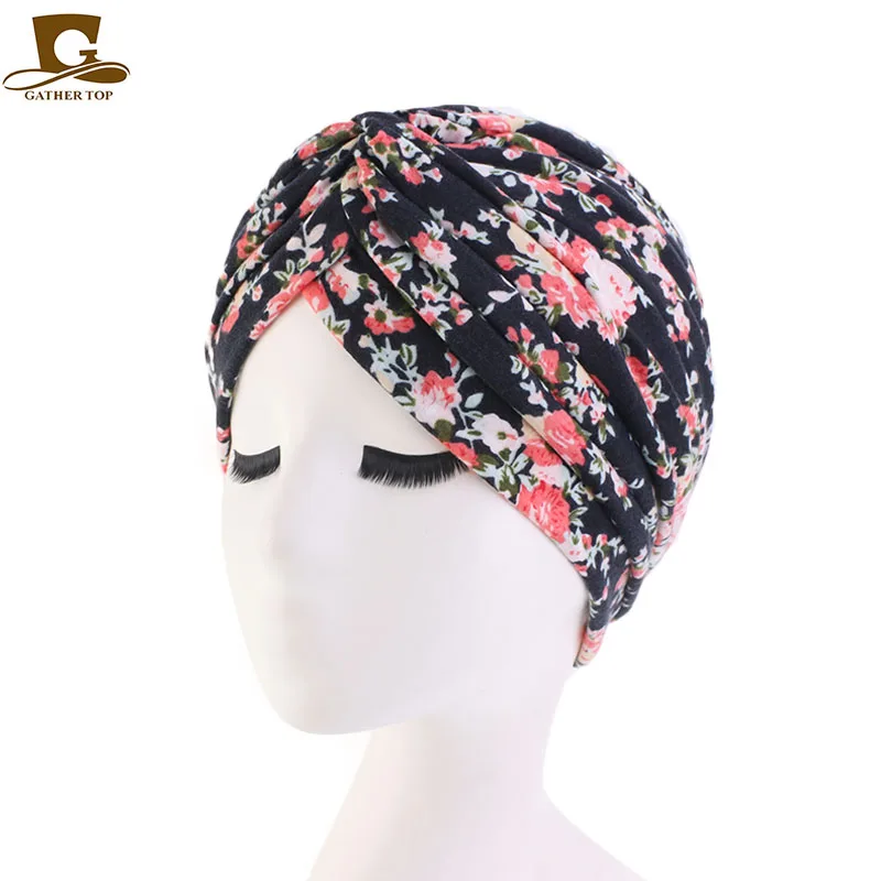 flower black Новинка Женская мягкая хлопковая Женская тюрбан с цветочным принтом модная бандаданская Кепка chemo аксессуары для волос - Цвет: flower black