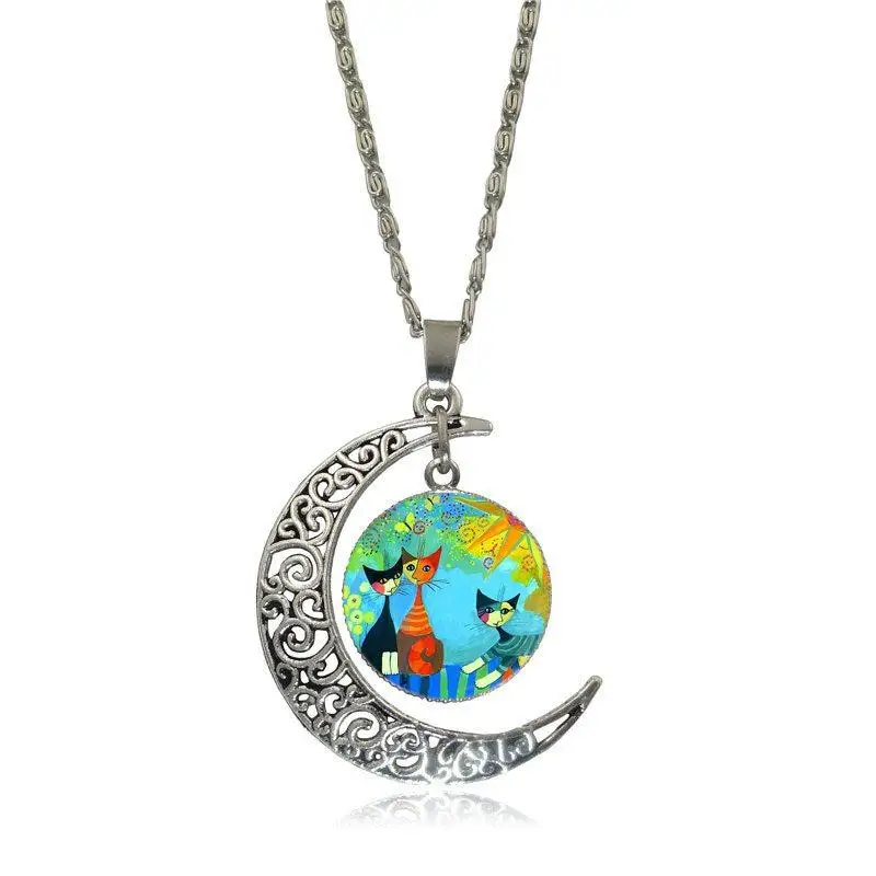 EJ Glaze Rosina Wachtmeister Cats Fashion Jewelry Vintage Glass Necklace With Crescent Moon For Girls Wholesale | Украшения и