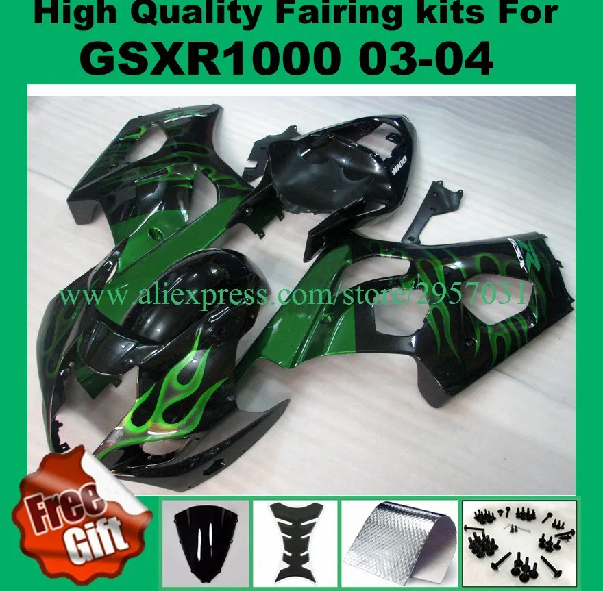 

Injection molding fairings for SUZUKI K3 K4 GSXR1000 2003 2004 GSXR 1000 03 04 Fairing kits black green flame
