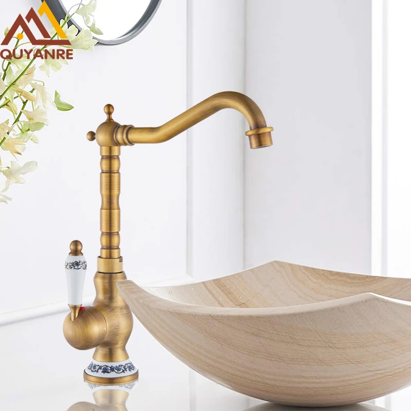 Quyanre евро Ретро античный кран из латуни для умывальника фарфоровый Creamic смеситель