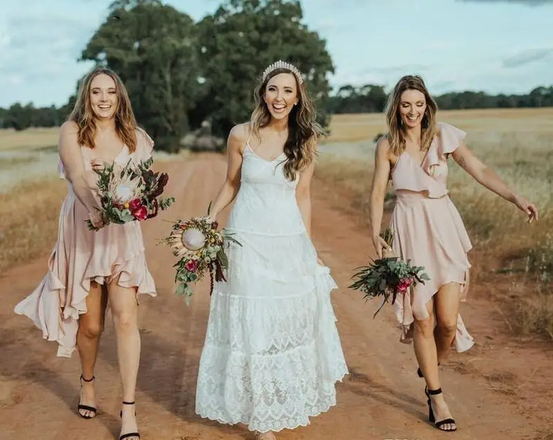 2019 Western Country Summer Garden Beach Bohemian Bridesmaid Dresse A Line Chiffon V Neck Pleats High Low Maid of Honor Wears | Свадьбы и