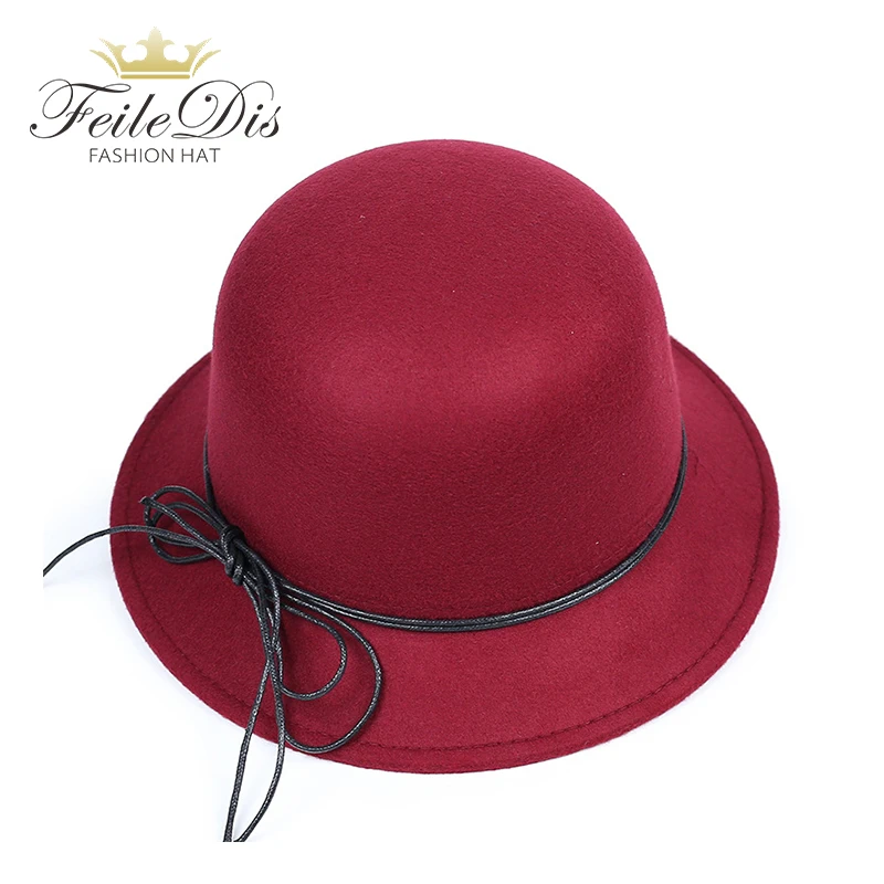 [FEILEDIS] черные и красные шляпы Fedora для женщин имитация шерсти фетровая шляпа из