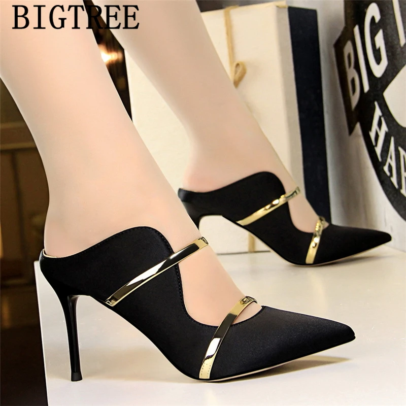 Обувь Bigtree женские туфли без задника фетиш высокий каблук сексуальные Черные