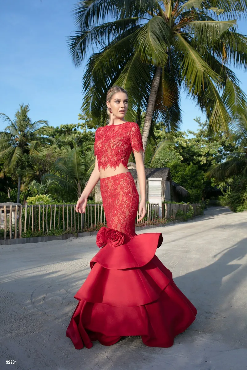 На заказ Русалка Платье Две Пьесы O шеи Короткими Рукавами Кружева Атласная Юбка