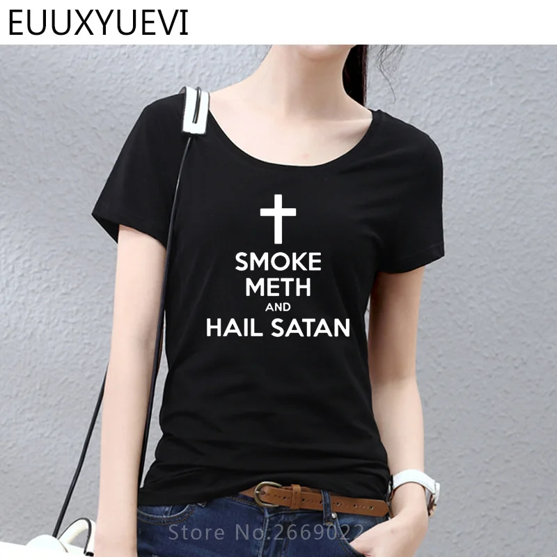 Женская новая летняя стильная модная футболка с надписью Hail satan Повседневная