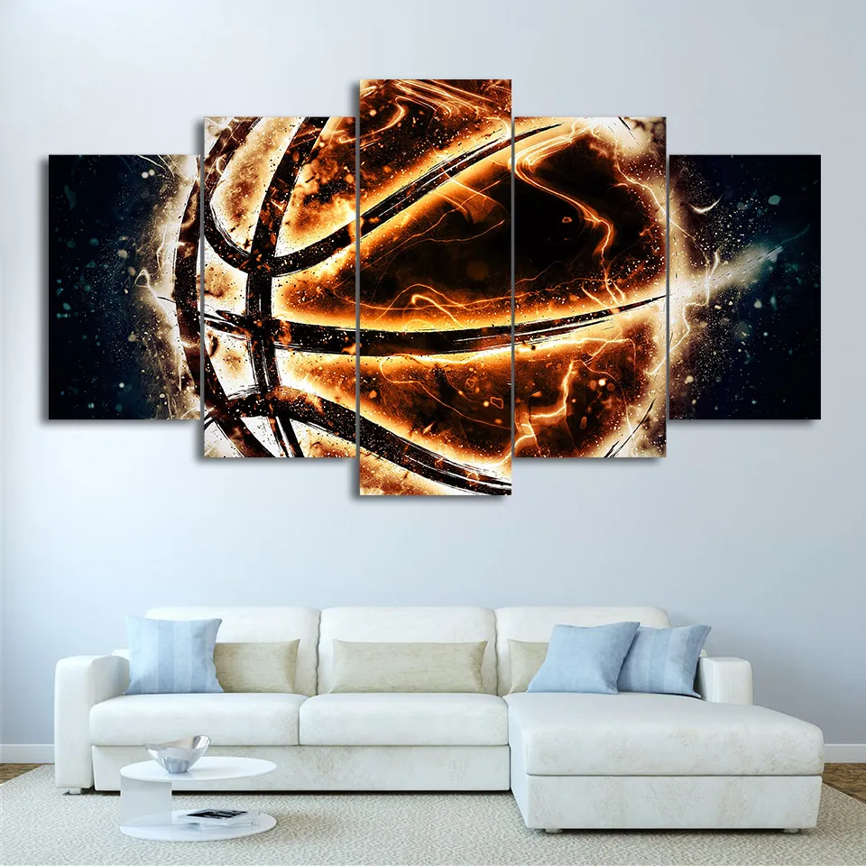 Живопись на холсте HD Modern Living Room Home Decor Canvas из 5 панелей с изображением баскетбольного мяча в огне, модульный постер в раме.