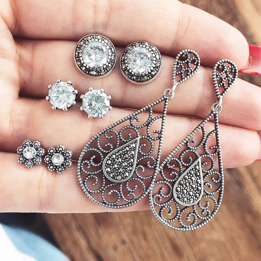 4 пар/компл. серьги гвоздики в виде цветка набор античное серебро Цвет