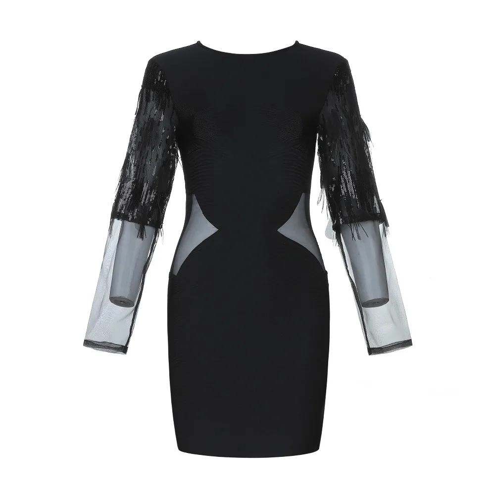 О-образным вырезом с длинными рукавами женское Бандажное платье черного цвета 2019