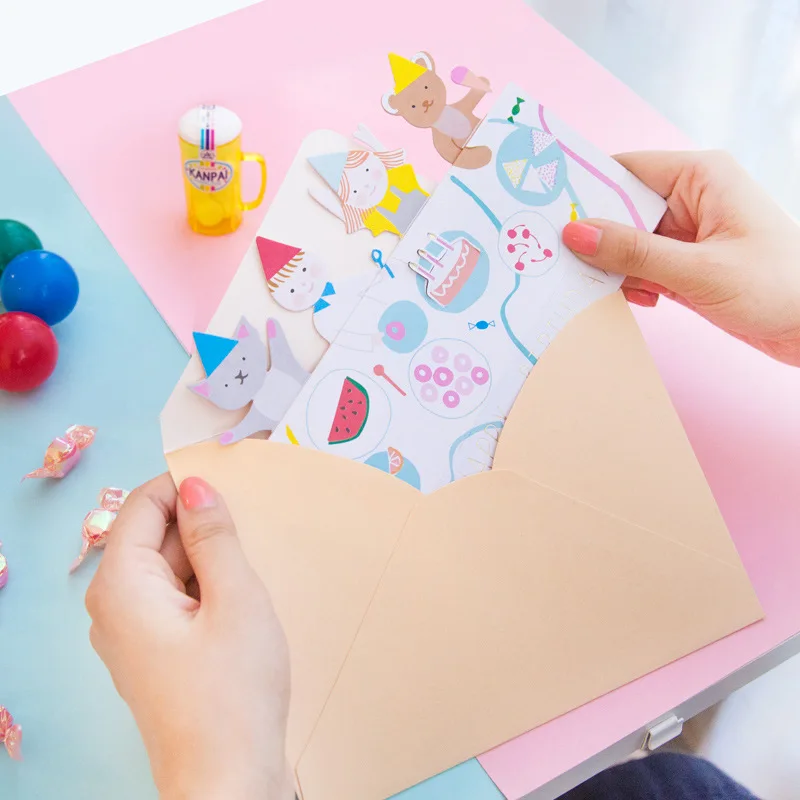 

5 Pcs/lot Creative three-dimensional Happy Birthday card cute cartoon animal Greeting Gift cards Message note cards 18cm*14cm