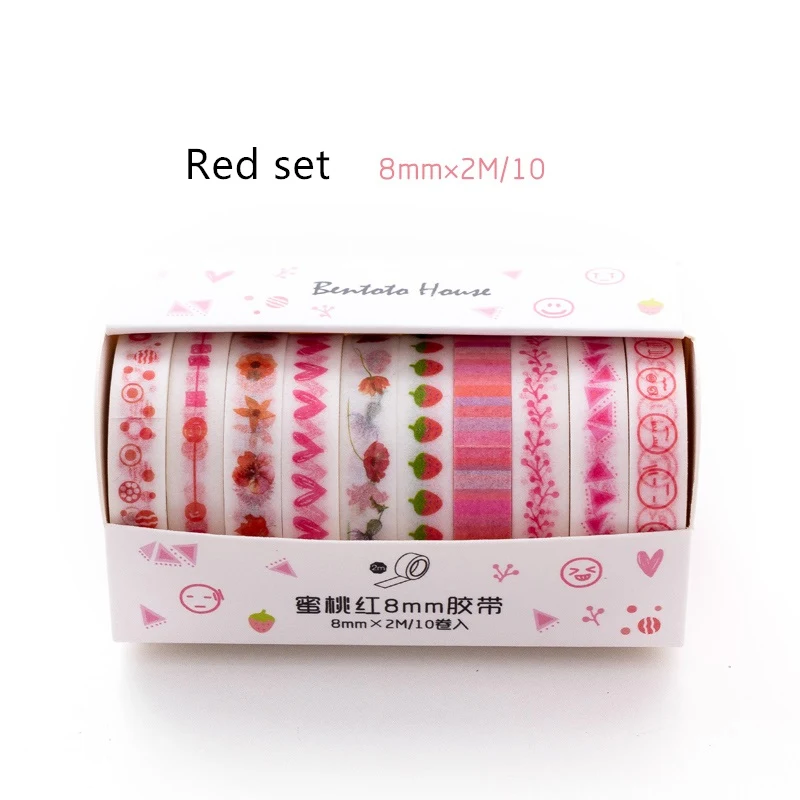 Red set 10 шт мультфильм цвет Васи Лента набор 8 мм Тонкий кружева розовый желтый фиолетовый Декоративные Маскирующие наклейки с лентами мочитап канцелярские F351 - Цвет: Red set