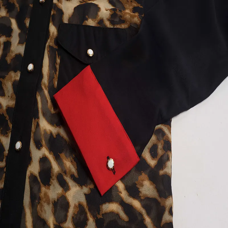

New leopard print shirt sexy stand collar with long sleeve large size contrast color chiffon shirt women blouses through top