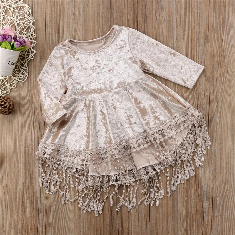 Sweet Lovely Girl Dress Velvet Tassel Long Sleeve Princess Baby Party Pageant Cute Solid Noble Soft Dresses | Детская одежда и