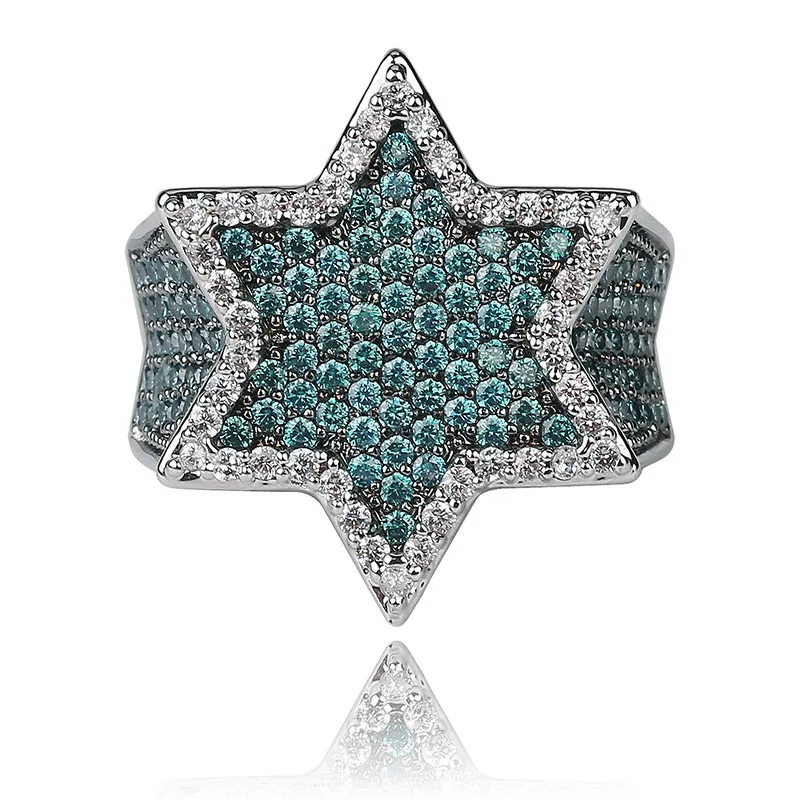 Мятно-зеленый AAA кубический цирконий Bling Ice Out еврейская звезда Давида гексаграмма кольца для мужчин хип хоп раппер ювелирные изделия золото серебро
