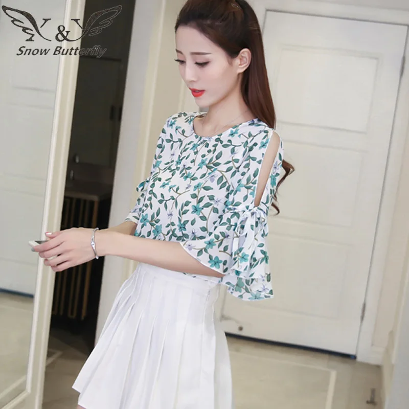 2019 летняя шифоновая блузка женские блузки модные корейские с открытыми плечами