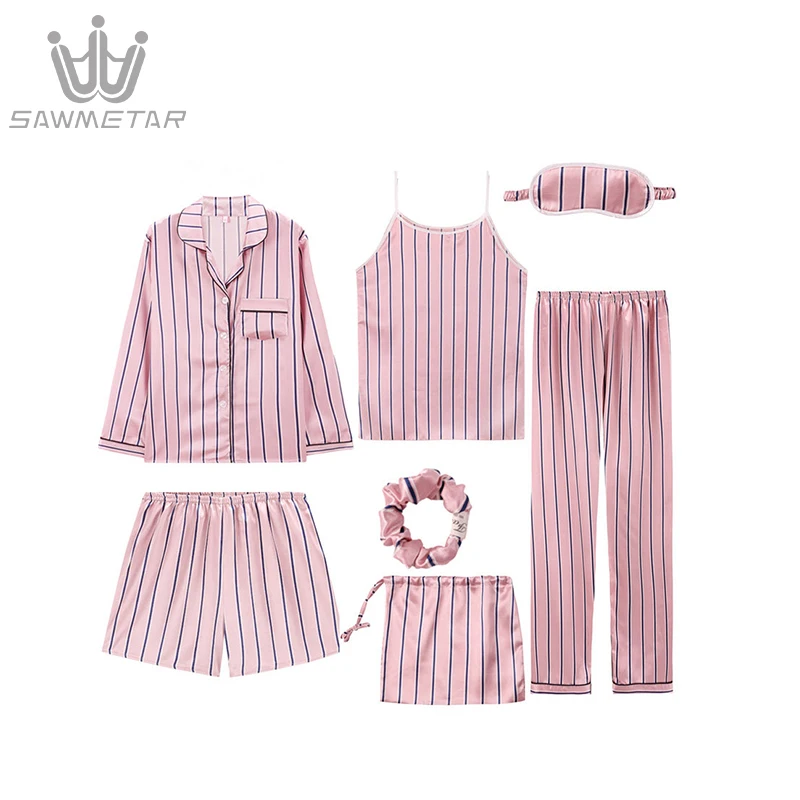 Women Summer Pajamas Sets Silk Pijama 7 Pieces Sets Pyjamas Women Long Sleeve Print Sleepwear Turn-Down Collar Pajamas