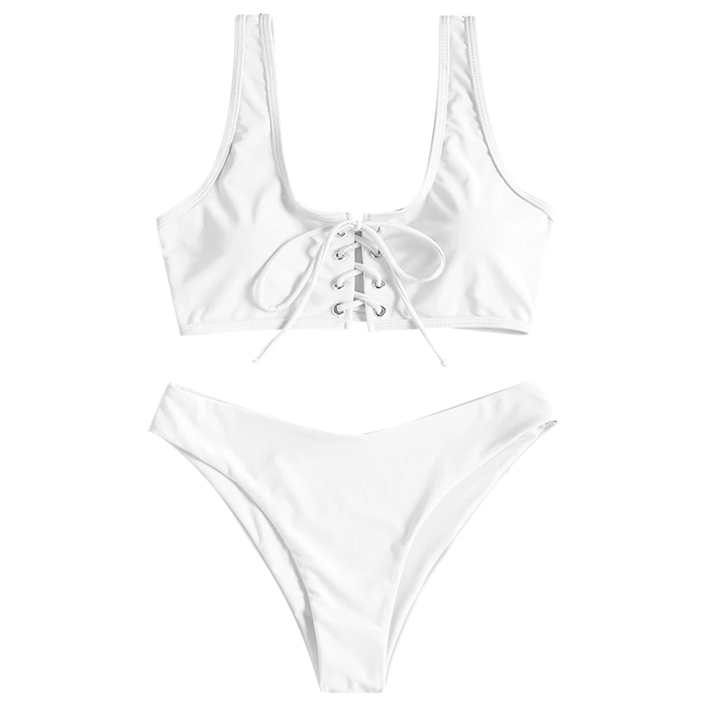 White ZAFUL, бикини на шнуровке,, купальник для женщин, купальник с глубоким вырезом, однотонный, на шнуровке, с подкладкой, бикини, набор, бикини, купальник для женщин - Цвет: White